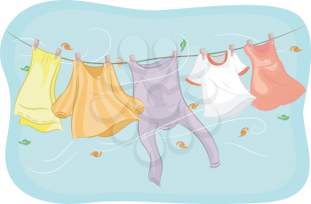 Illustration of Clothes Hanging from a Clothesline Being Swayed by the Wind