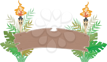 Jungle Wood Banner/Illustration of a Banner Decorated with Torches and Large Leaves