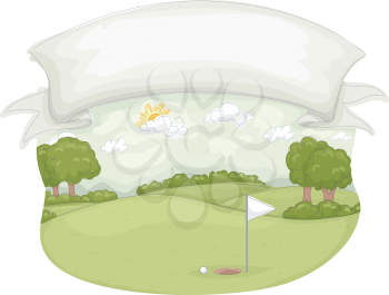 Illustration of a Golf Course Under a Large Blank Banner