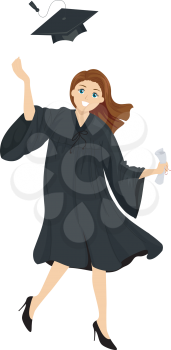 Illustration of a Girl wearing Academic Dress tossing her Graduation Cap