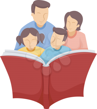 Illustration of a Family Reading a Large Book Together
