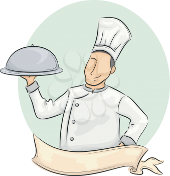Illustration of a Male Chef with a Ribbon in Front of Him Carrying a Food Dome