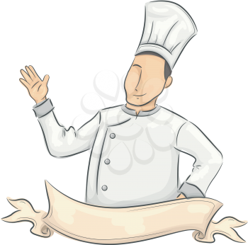 Illustration of a Male Chef in Uniform with a Ribbon in Front of Him Waving His Hands