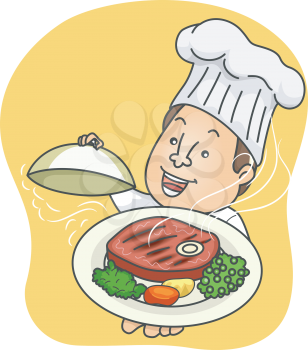 Illustration of a Male Chef Presenting a Platter of Steak