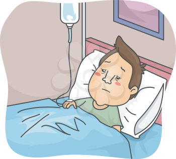 Illustration of a Sick Man Hooked to an IV Drip