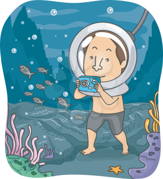 Illustration of a Man Using an Underwater Camera to Take Pictures Under the Sea