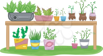 Illustration of a Gardening Table Filled with Recycled Flower Pots