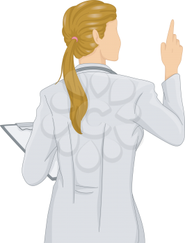 Rear View Illustration of a Girl Doctor holding Clipboard and pointing up