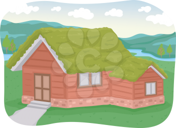 Illustration of a House with a Green Roof Made of Sod