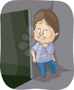Illustration of a Man Sweating in Anxiety While Hiding Behind a Wall