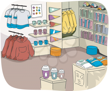 Illustration of a University Store Filled with Sports Related Merchandise
