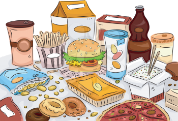 Illustration of a Bunch of Junk Food Scattered All Over the Table