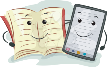 Mascot Illustration Featuring a Paperback and an E-book Reader