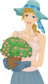 Illustration of a Girl Carrying a a Flower Pot