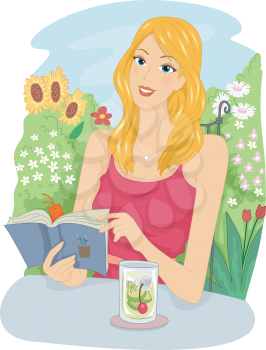 Illustration of a Girl Reading a Book in the Garden