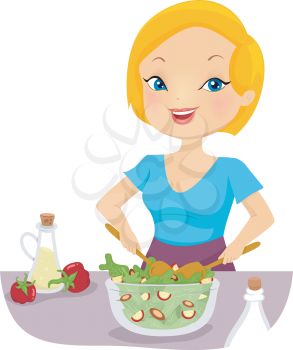 Illustration of a Girl Tossing a Bowl of Salad