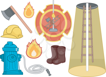 Illustration Set Featuring Things Commonly Associated with Firefighters