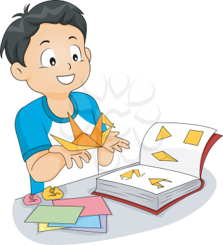 Illustration of a Little Boy Following an Origami Book to Make a Paper Crane