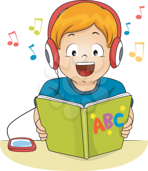Illustration of a Little Boy Reading a Storybook While Listening to an Audio File