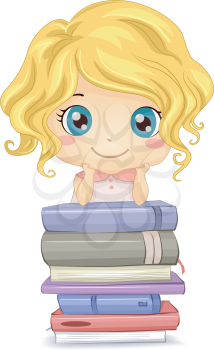Illustration of a Little Girl Posing in Front of a Pile of Books
