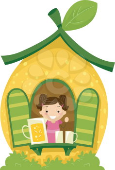 Stickman Illustration of a Little Girl Living in a Lemon Shaped House