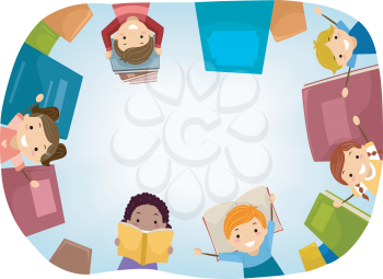 Top View Stickman Illustration of Kids Surrounded by Books