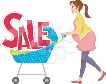 Illustration of a Pregnant Woman Pushing a Baby Stroller with the Word Sale Sitting on It