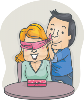 Romantic Illustration of a Man Blindfolding His Girlfriend Before Unveiling His Surprise
