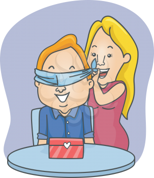 Romantic Illustration of a Woman Blindfolding Her Boyfriend Before Unveiling Her Surprise