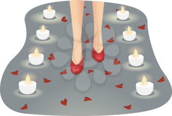 Illustration of a Girl Walking on a Path Lined with Flower Petals and Candles