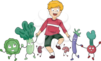 Illustration of a Little Boy Walking Together with Vegetable Mascots