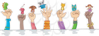 Border Illustration of Kids Wearing Finger Puppets of Cuddly Pets and Robots