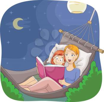 Illustration of a Mother Reading a Bedtime Story to Her Daughter