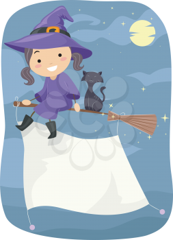 Stickman Illustration of a Little Witch Flying on a Broomstick with a Banner Attached to It