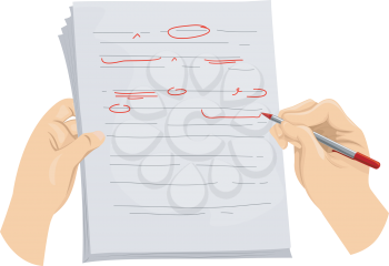 Illustration of a Copy Editor Writing Proofreading Symbols on a Document