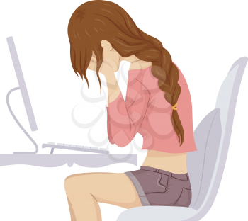 Illustration of a Teenage Girl Crying in Front of Her Computer