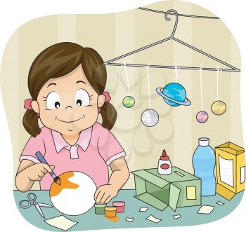 Illustration of a Little Girl Making a Homemade Solar System Model
