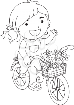 Coloring Book Line Art Illustration of a Little Girl Riding a Bike Carrying a Basket of Flowers