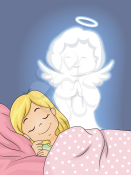 Illustration of a Guardian Angel Watching Over a Little Girl as She Sleeps
