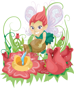 Illustration of a Little Fairy Girl Feeding the Flowers in a Whimsical Garden