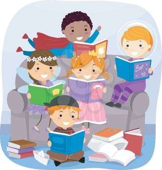 Stickman Illustration of Kids Reading Fantasy Books