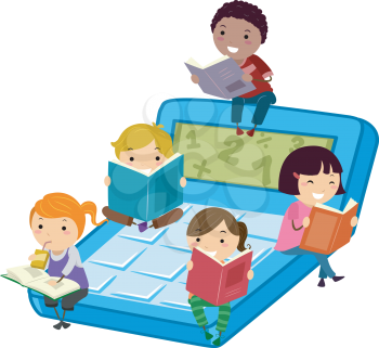 Stickman Illustration of Kids Sitting on a Calculator Reading Math Books