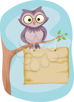 Illustration of a Cute Owl Sitting Above a Wooden Sign