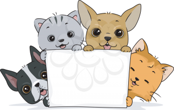 Illustration of a Cute Cat and a Pair of Cute Dogs Holding a Blank Board
