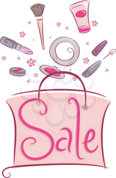 Illustration of a Shopping Bag Filled with Discounted Cosmetic Products