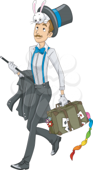 Illustration of a Magician Carrying a Luggage Full of Magic Props
