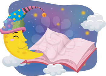 Illustration of the Moon Wearing a Nightcap While Reading a Book - eps10