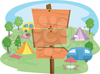 Illustration of Wooden Signs Inside a Camp Site