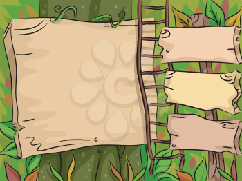 Illustration of Blank Wooden Boards Tacked to Trees in the Jungle