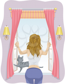 Illustration of a Girl and Her Cat Opening the Window